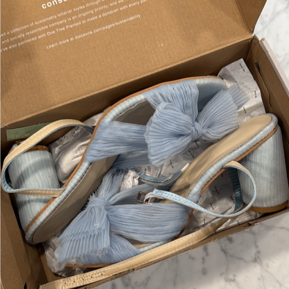 Light Blue Bow Block Heel Sandals